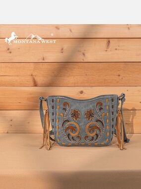 Montana West Blue Denim Shoulder  Bag with Tan Embroidery NWT